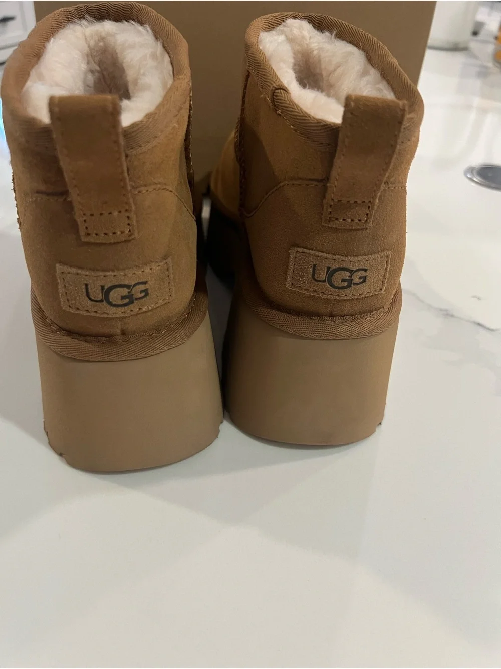UGG Ultra Mini New Heights Women’s Chestnut Suede Platform Ankle Boots